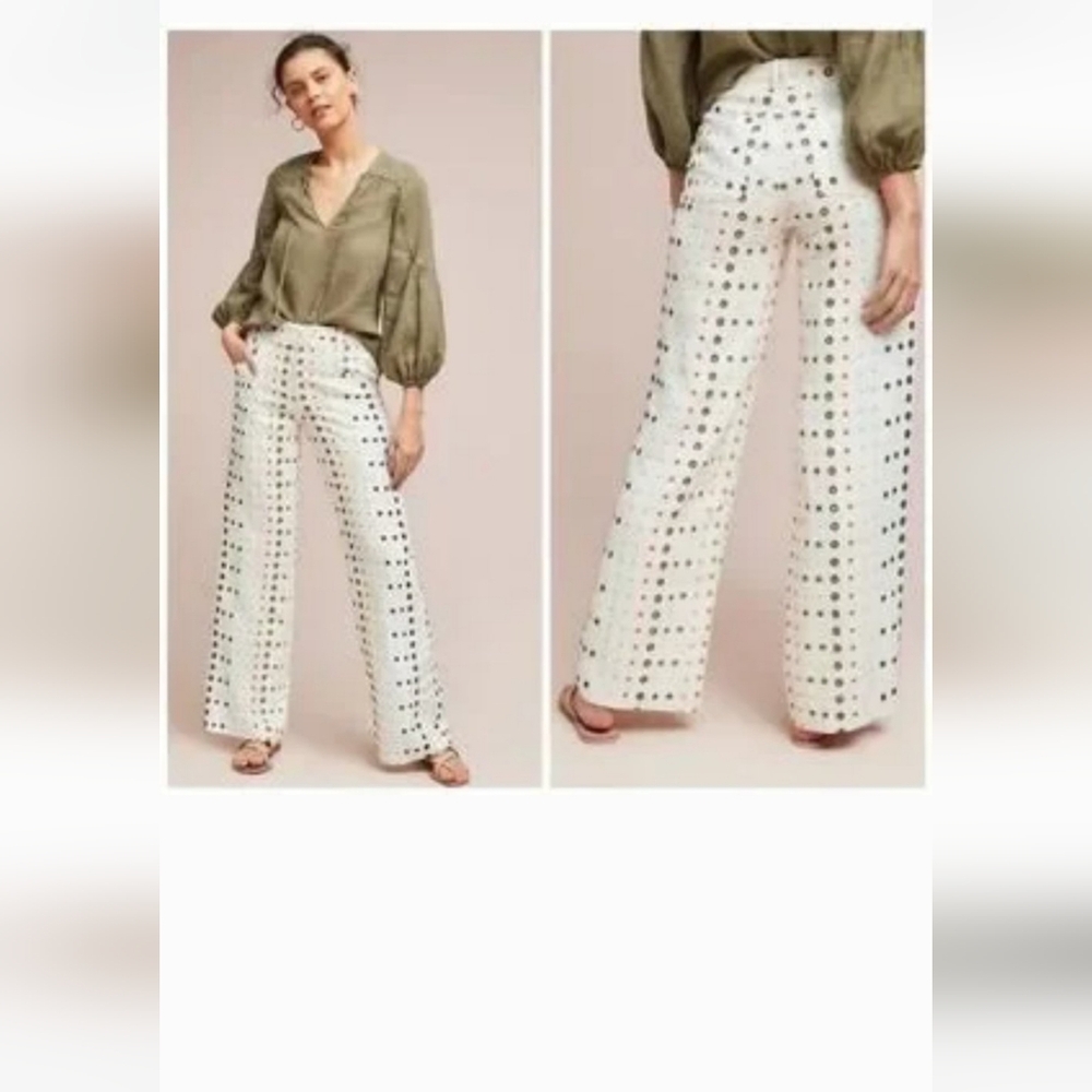 Anthropologie Embroidered Linen pants with rayon lining, size 16.